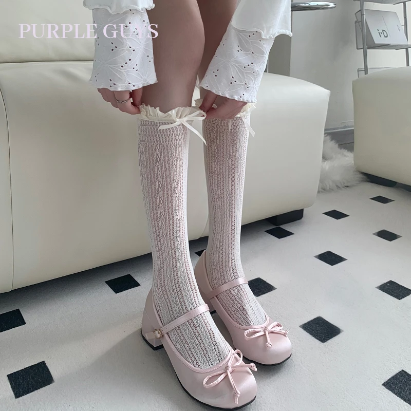 芭蕾风花边袜子女夏季薄款镂空中筒袜甜美堆堆长袜蝴蝶结jk小腿袜