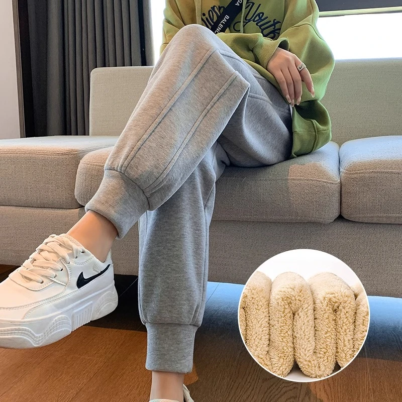 羊羔绒加厚运动裤女冬季束脚加绒卫裤小个子八分棉裤外穿休闲裤子