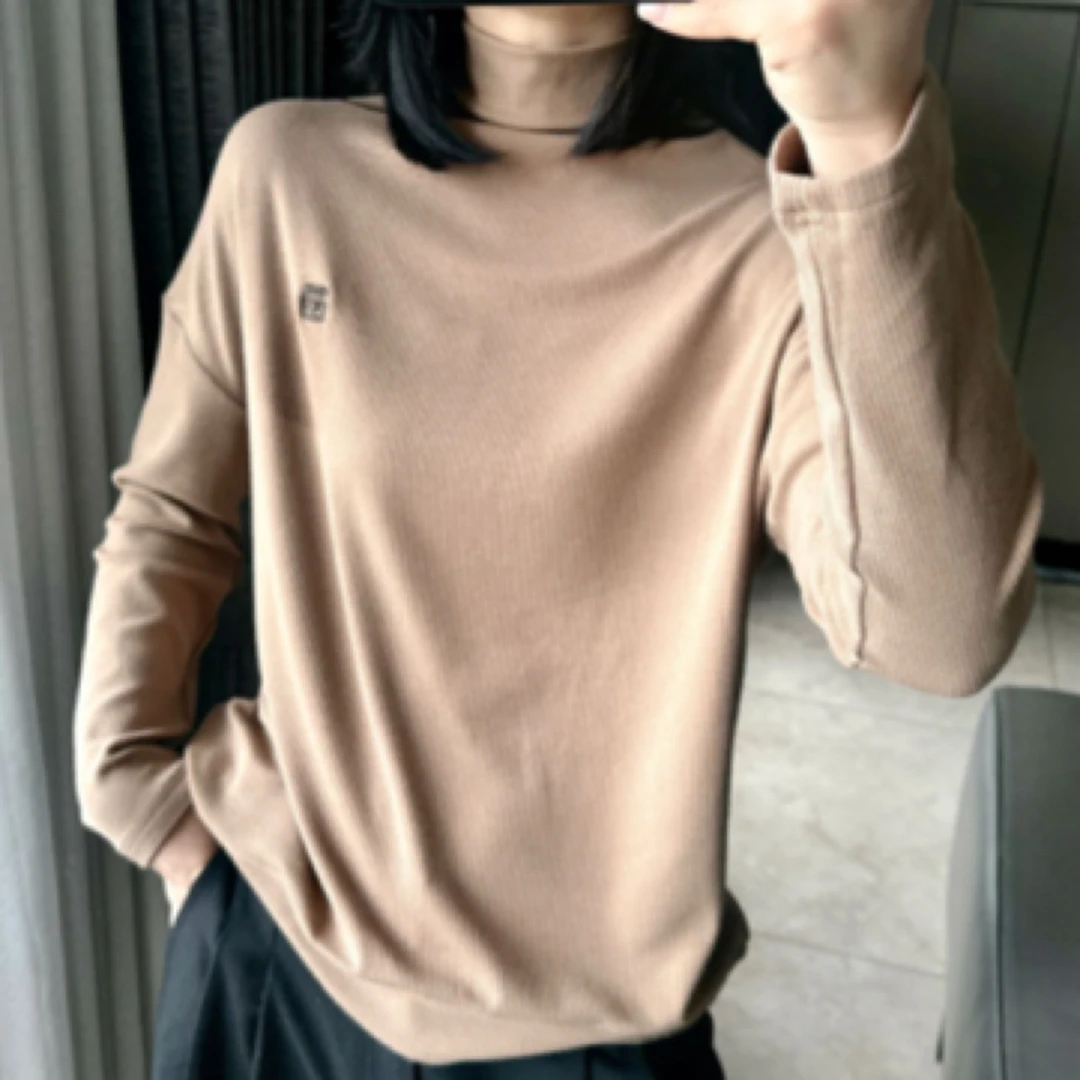 羊绒坑条高领磨毛打底衫女冬季长袖内搭保暖T恤上衣