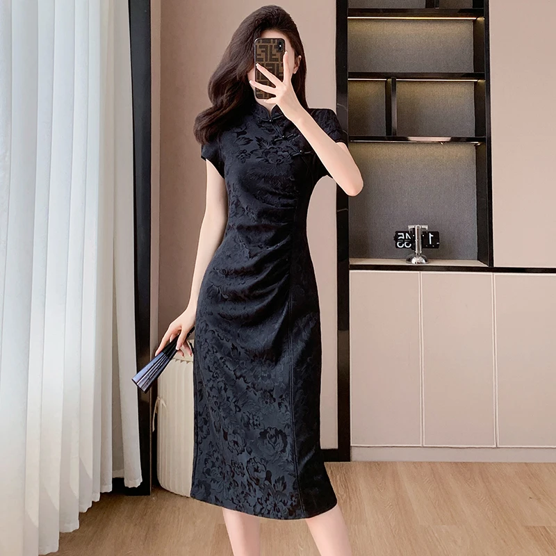 夏季新款时尚新中式气质弹力显瘦黑色提花中长款改良旗袍连衣裙