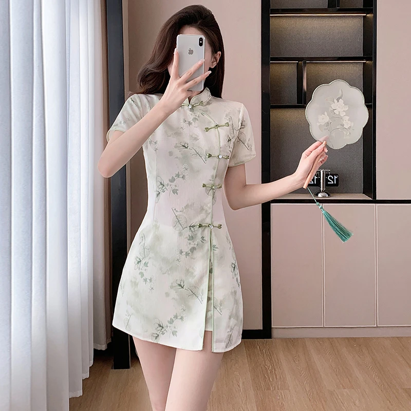 夏季新中式改良旗袍气质甜美连衣裙短裤小个子时尚提花两件套装女