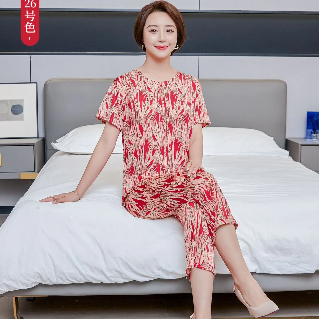 夏季冰凉丝妈妈套装中老年女装大码印花洋气短袖上衣裤子