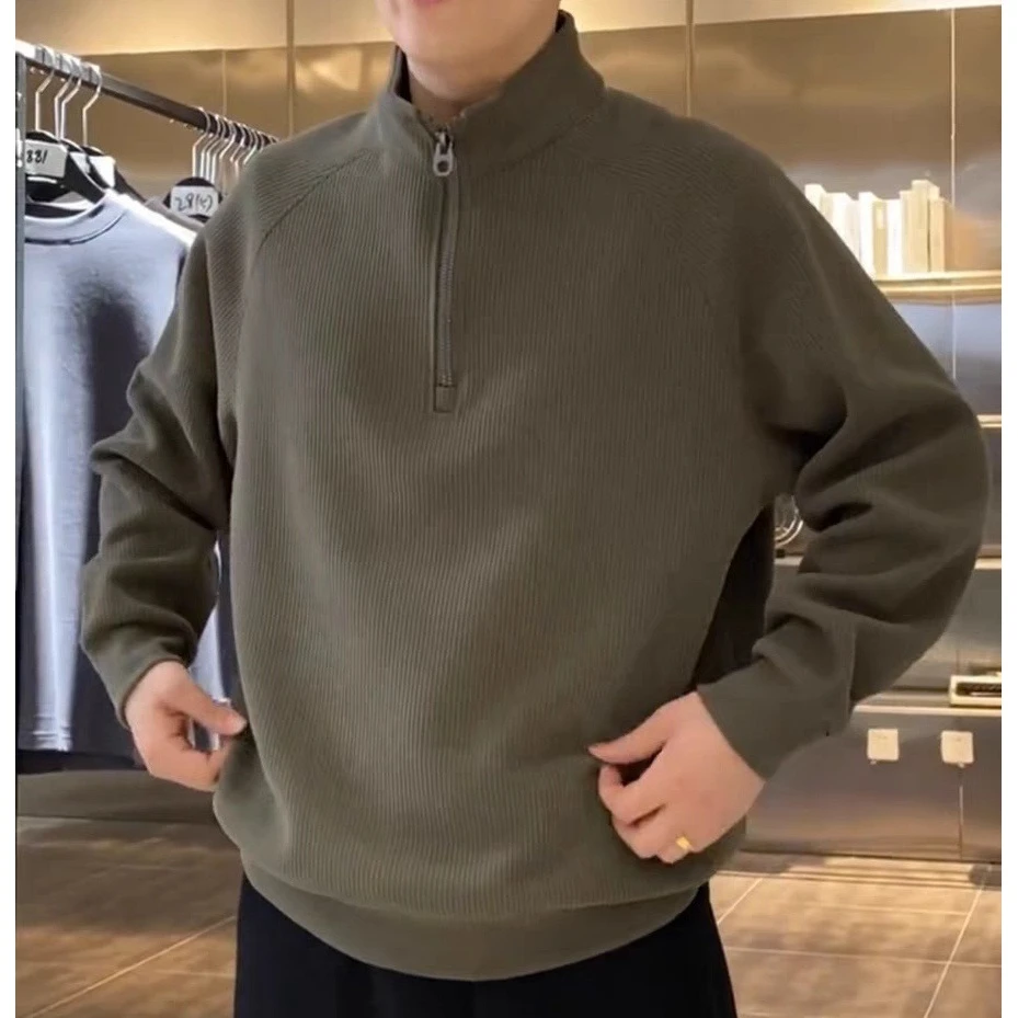 肌理加绒加厚半拉链立领卫衣男冬季新款纯色简约百搭宽松内搭上衣