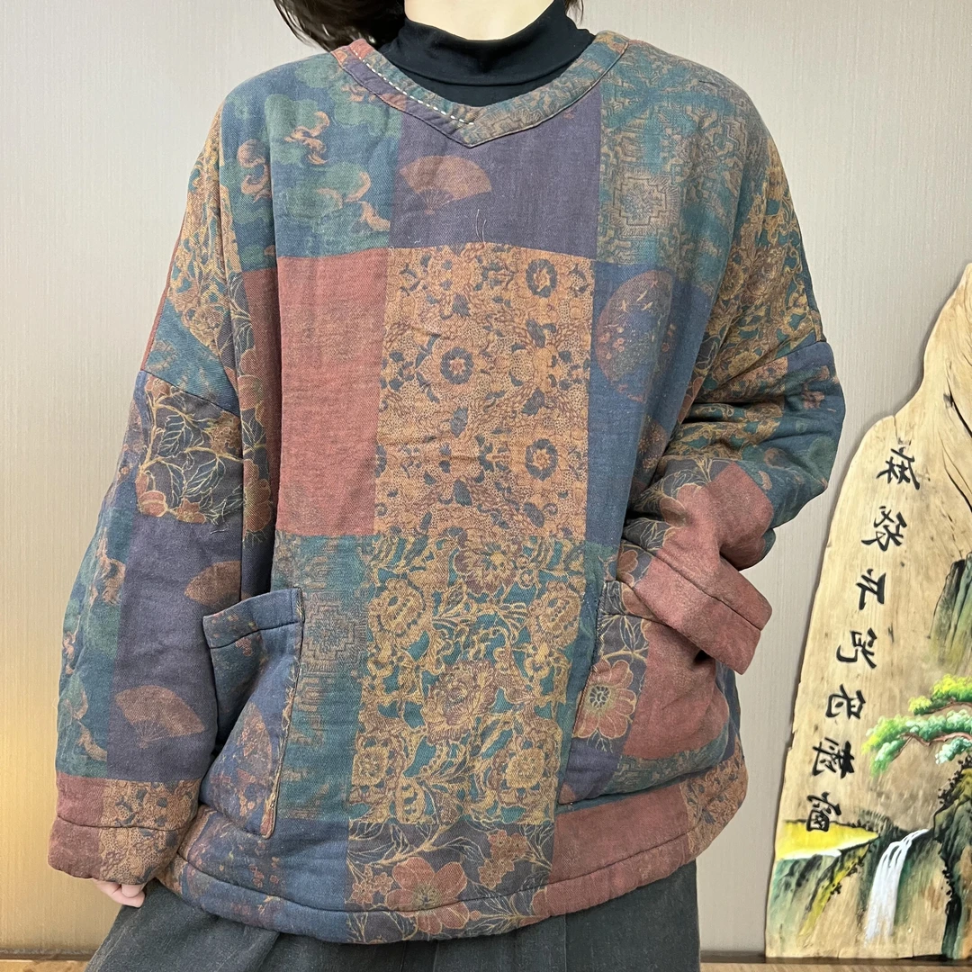 冬季新款3057炒色做旧长袖时尚休闲宽松圆领复古休闲百搭保暖棉衣
