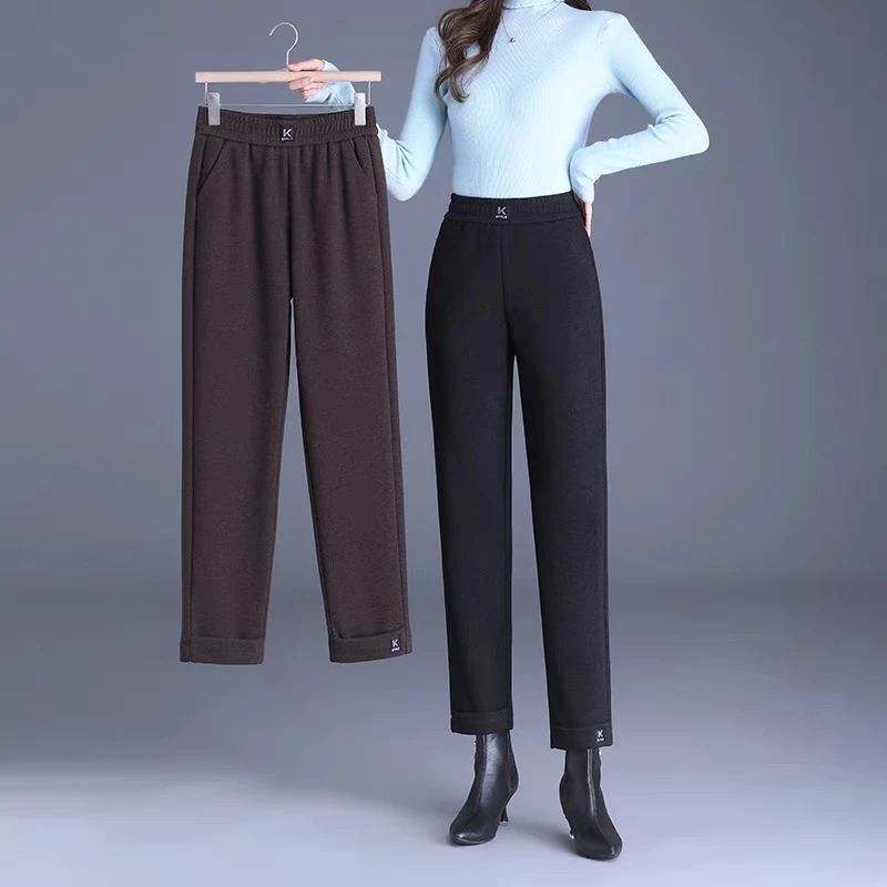 洋气百搭九分毛呢直筒裤女士松紧高腰秋冬季加厚显瘦烟管裤靴裤