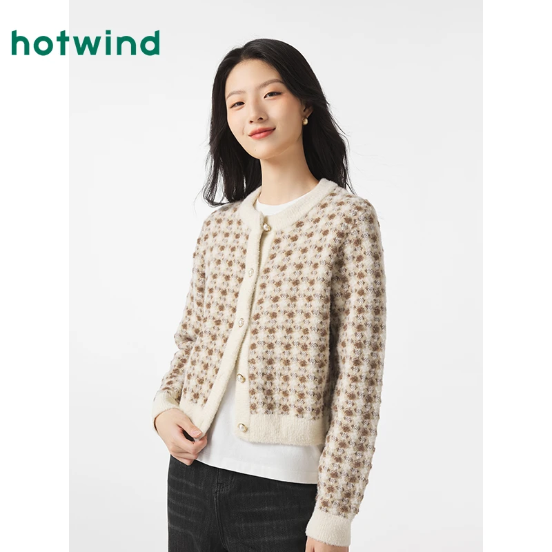 热风2024年冬季新款女士格纹针织开衫F08W4807