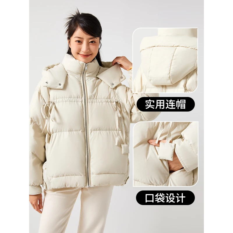 热风2023年冬季新款女士时尚抽绳连帽热力感羽绒服F12W3812