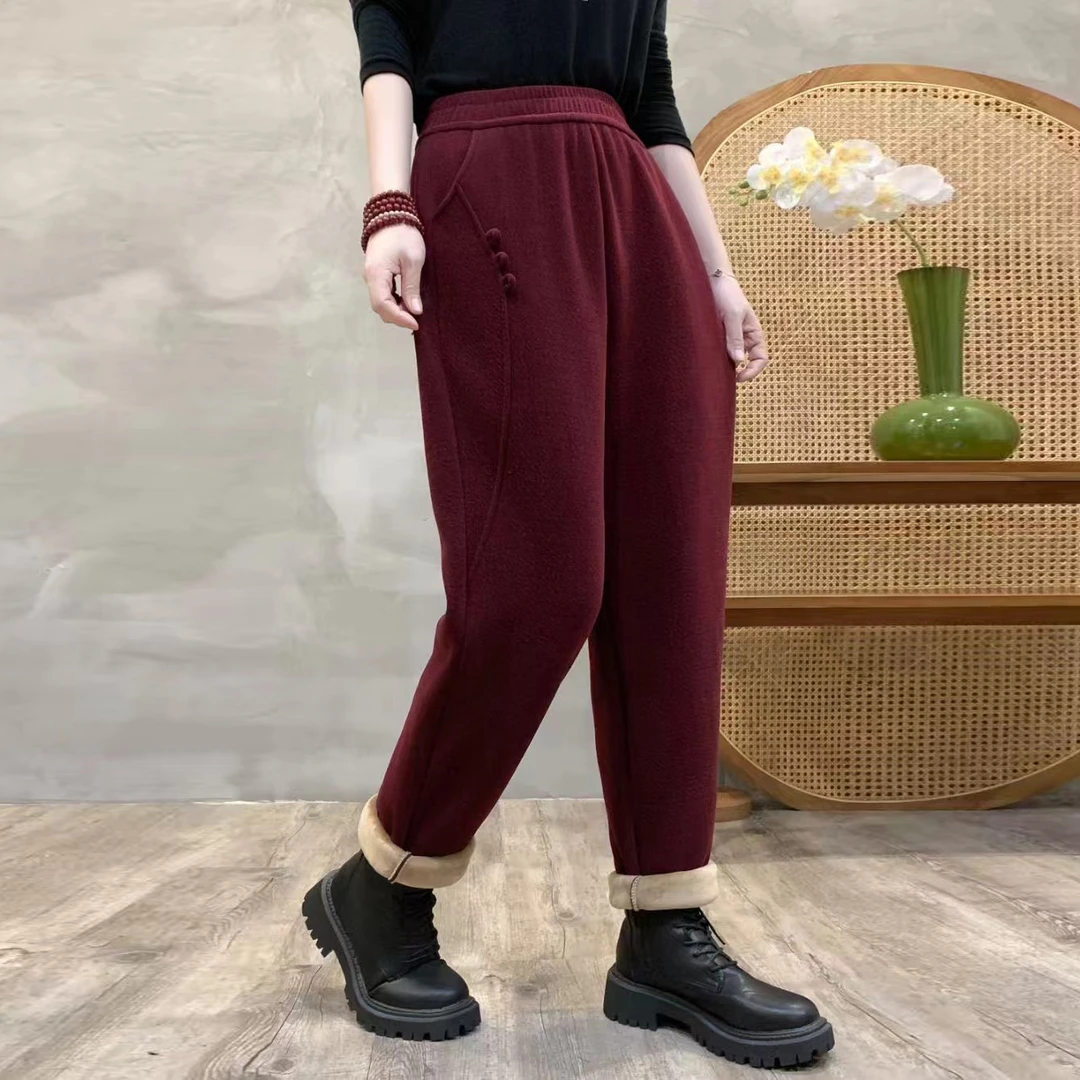 妈妈裤子秋冬款外穿高腰舒适松紧腰直筒长裤加绒加厚大码哈伦女裤