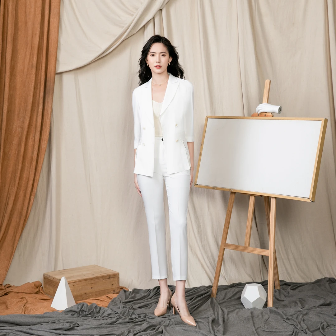 2025夏季新款轻薄款透气微弹力女士西服纯色七分袖西装正装商务