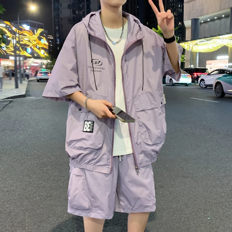 学生新款夏季青少年休闲纯色百搭连帽开衫防晒上衣短裤两件套套装