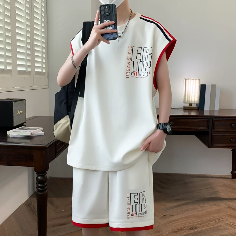 夏季男士宽松透气背心短裤冰丝套装青少年无袖运动薄款帅气衣服