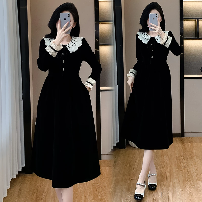 法式娃娃领甜美减龄丝绒连衣裙秋冬新款显瘦百搭打底赫本风礼服裙