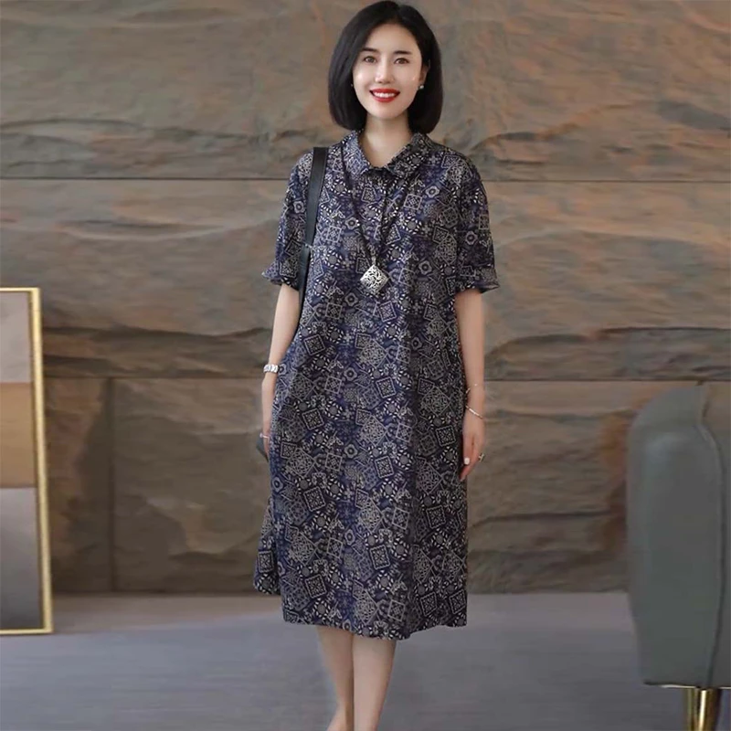 连衣裙2025夏季新款蓝色印花宽松显瘦翻领高端大码女装宽松裙子