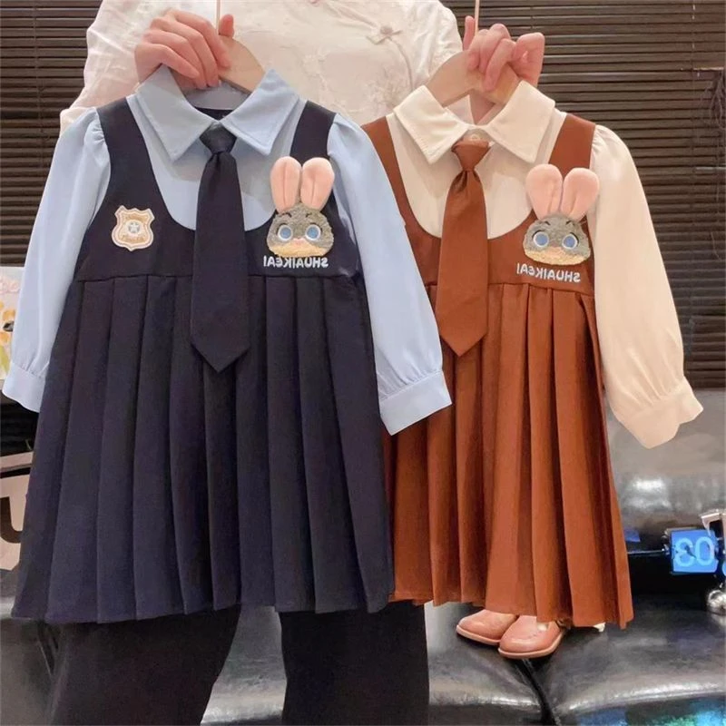 女童JK制服百褶裙学院风春秋款儿童兔子朱迪官假两件连衣裙6625