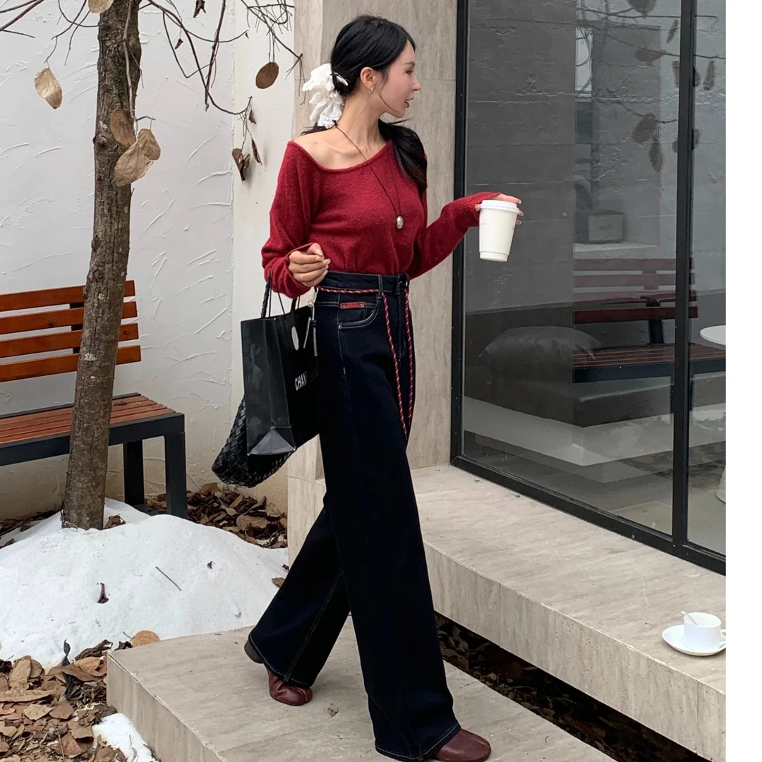 欧货丹宁色卷边直筒牛仔裤女2024新款韩版百搭显瘦阔腿长裤子