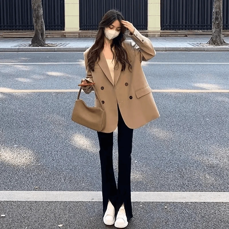 美拉德学院风休闲风百搭气质西装上衣中长款通勤外套女