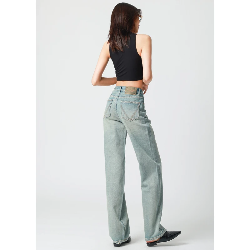 晨雾蓝窄版阔腿裤 春秋复古ins老钱风宽松休闲显高显瘦牛仔裤