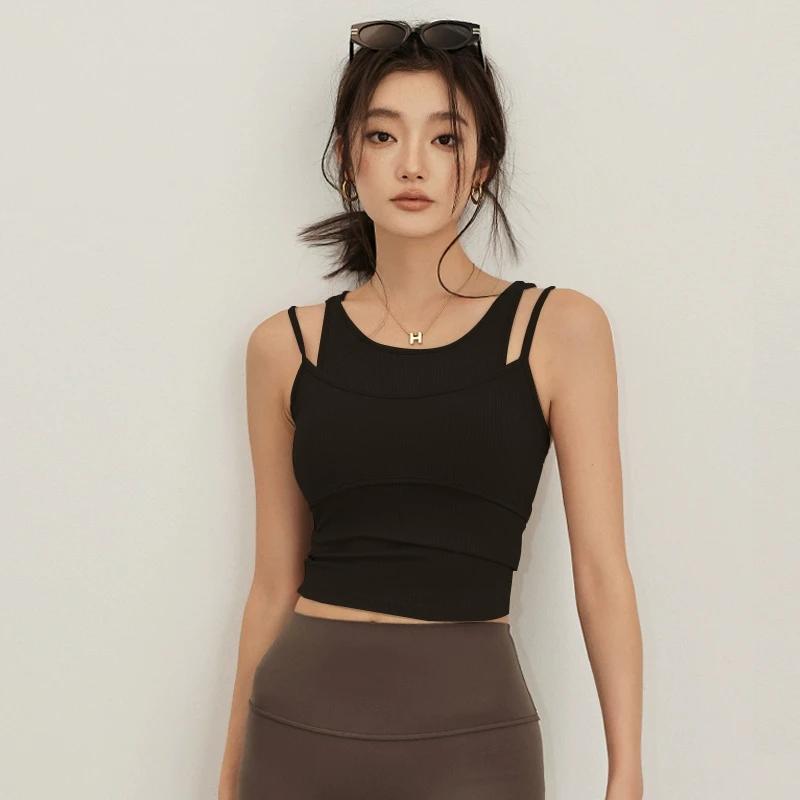 瑜伽服健身服普拉提复古假两件美背单件 后背净版训练力量运动 S