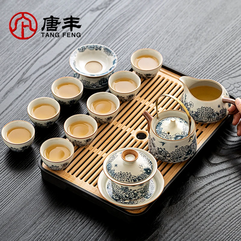 唐丰青花汝窑茶具家用办公室会客中式盖碗提梁壶茶杯泡茶工具干泡