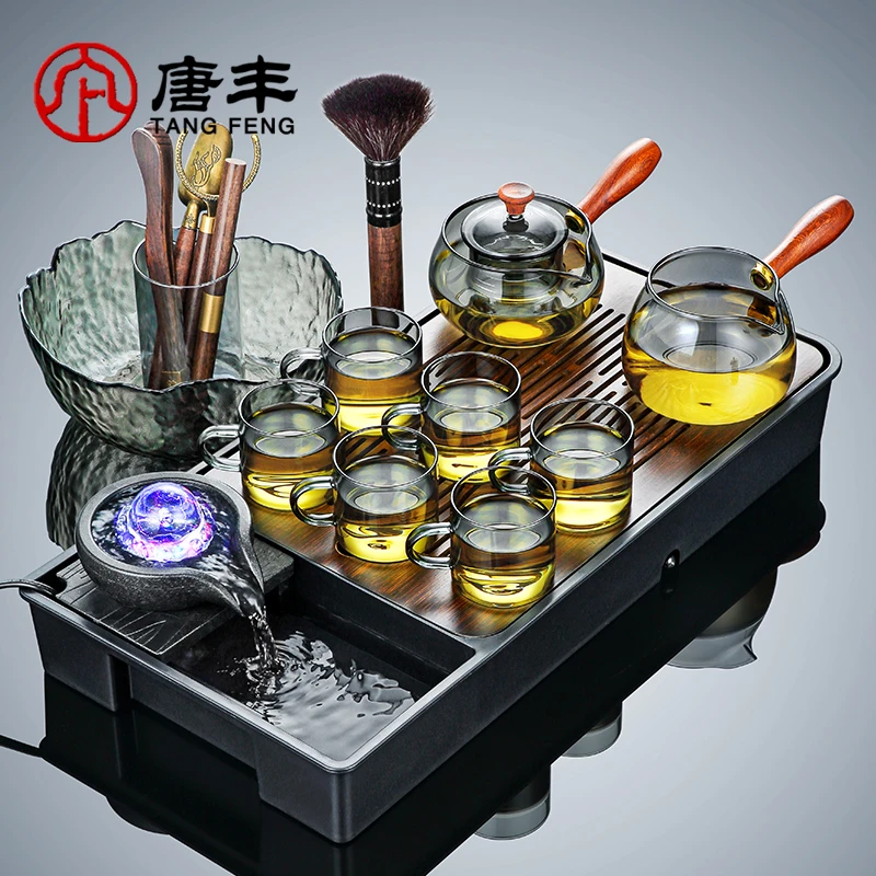 唐丰功夫茶玻璃茶具家用简易防烫茶水分离泡茶器整套流水茶盘一体