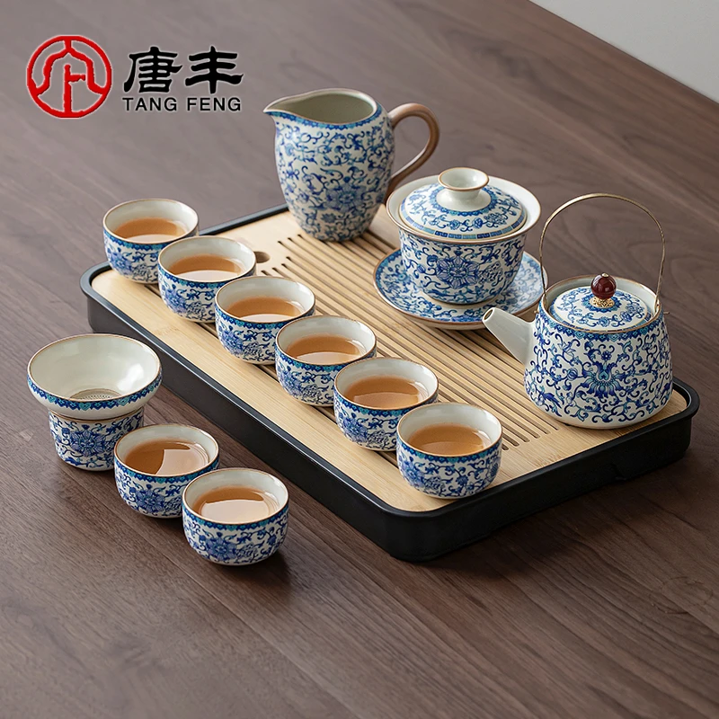 唐丰青花瓷汝窑茶具套装泡茶工具仿珐琅彩功夫喝茶器具防烫提梁壶