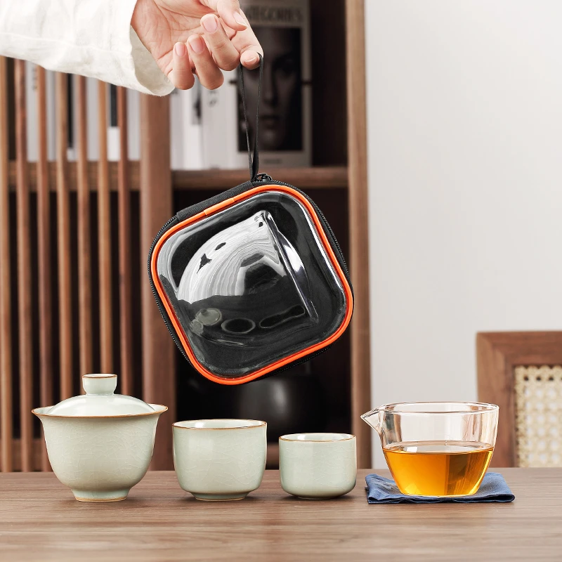 唐丰天青汝窑旅行茶具户外喝茶装备一壶二杯快客杯日式定制logo