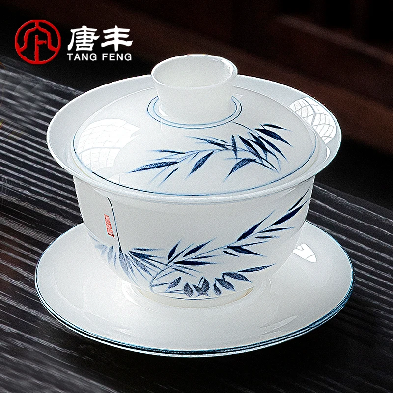 唐丰手绘悬停旋转盖碗单个高档羊脂玉瓷德化白瓷三才茶碗带盖简约