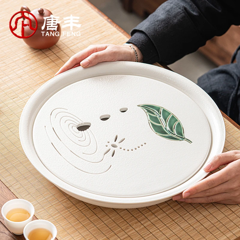 唐丰粗陶磨砂茶盘家用客厅储水式干泡台现代轻奢简约两人用小茶几