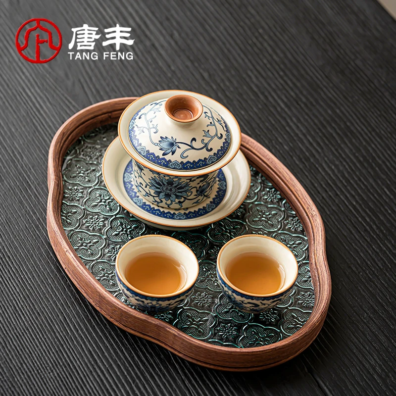 唐丰青花汝窑三才盖碗家用高端新中式泡茶碗防烫缠枝茶手工瓷盖碗