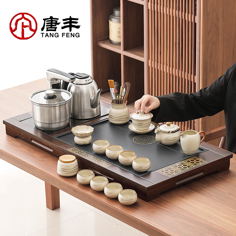 唐丰高档全自动烧水壶一体茶盘茶具套装家用汝窑手抓茶壶茶杯整套
