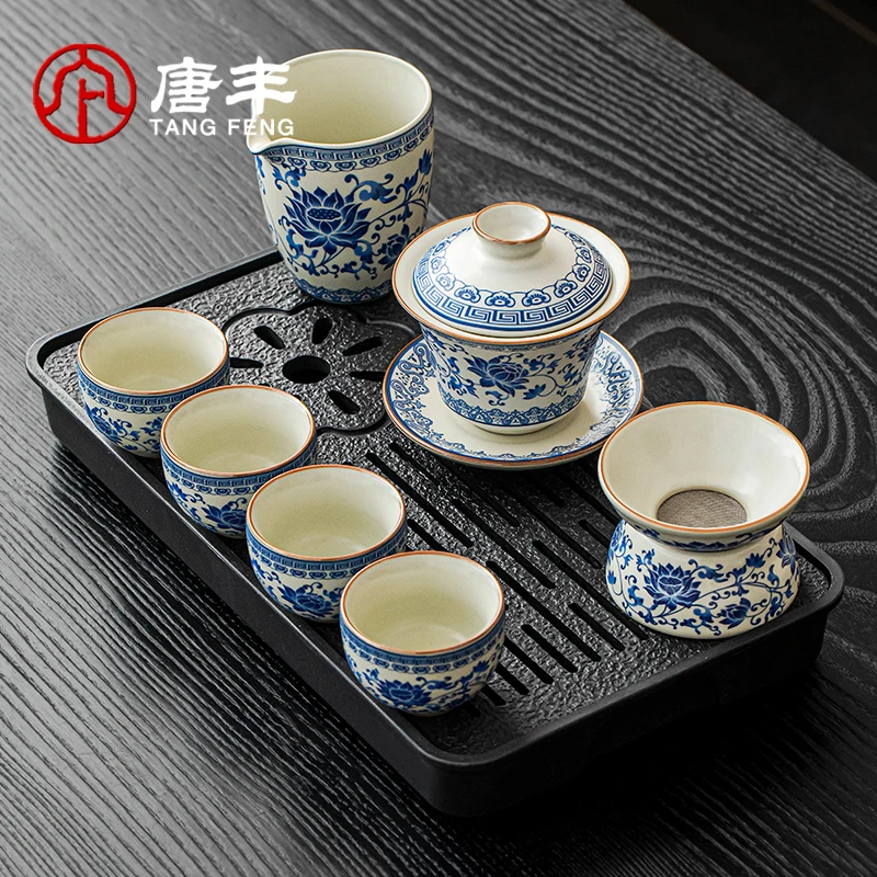 唐丰汝窑盖碗茶具套装家用青花陶瓷泡茶碗小型泡茶器具茶台茶盖碗