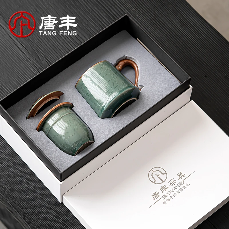 哥窑办公杯家用茶水分离带手把大容量泡茶杯茶水分离