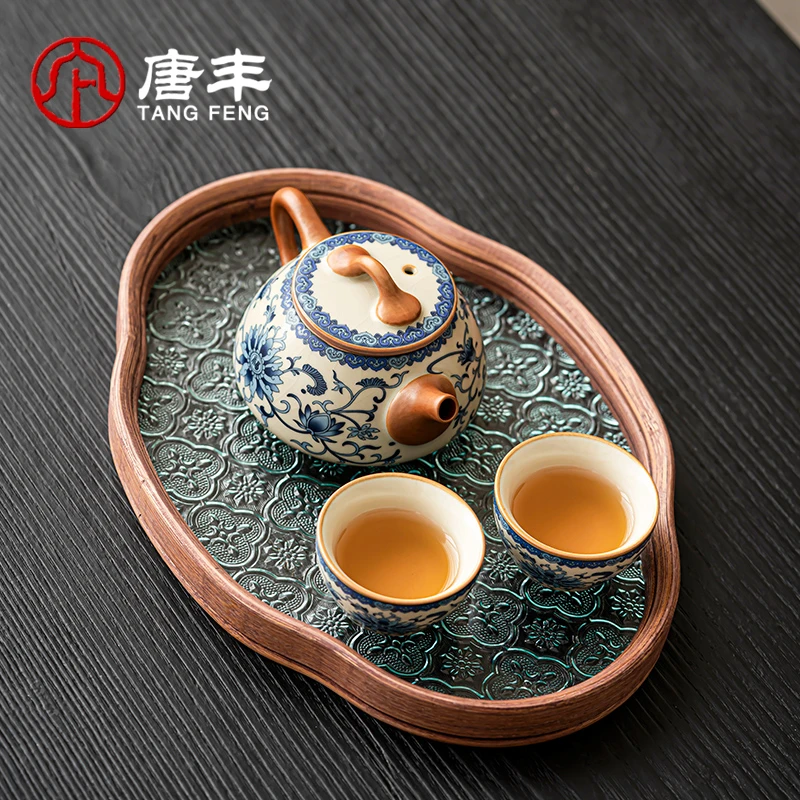 唐丰青花汝窑茶具茶壶家用中式泡茶壶过滤石瓢壶开片可养缠枝茶杯