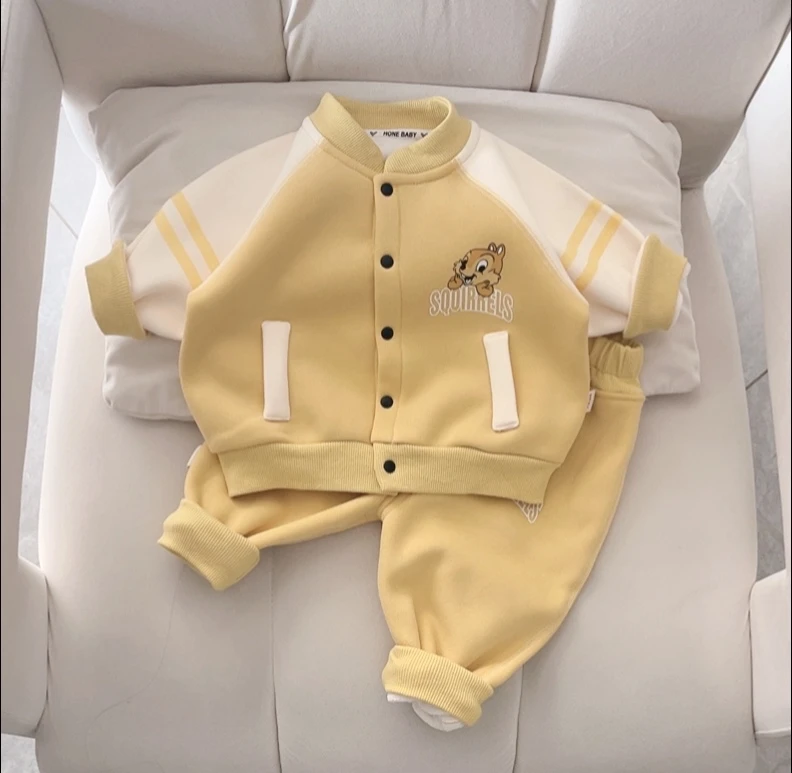 秋冬宝宝分体加绒卡通屁屁裤套装婴幼儿童加绒保暖两件套外出服