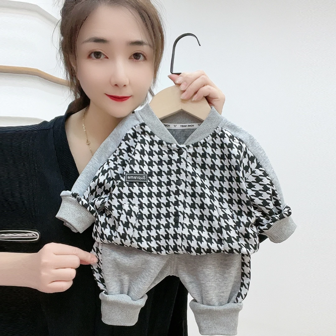 【断码清仓】春秋简约千鸟格棒球服套装儿童长袖外套裤子开衫套装