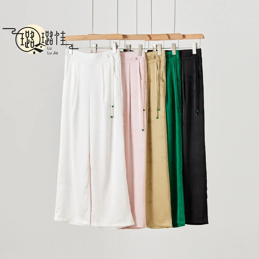 【小璐自制】2024新款中式休闲裤女宽松国风松紧腰直筒提花春季裤子