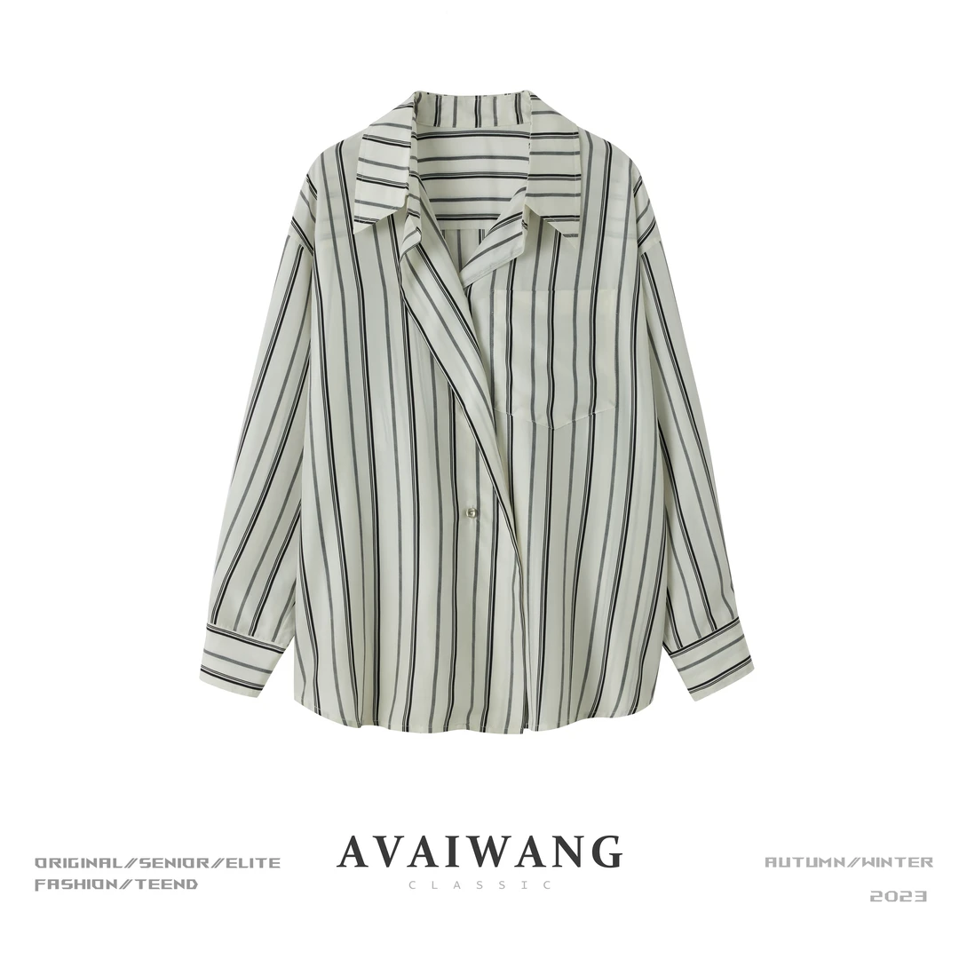AVAIWANG原创设计真丝桑蚕丝衣服黑白条纹衬衫长袖入秋上衣衬衣女