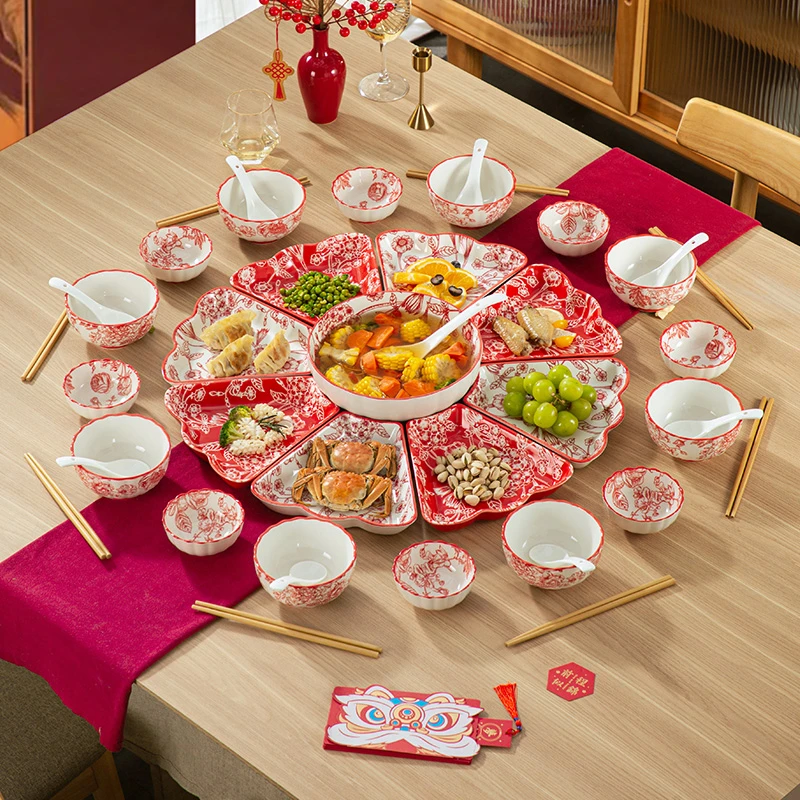 团圆饭拼盘餐具组合套装碗碟套装家用年夜饭家庭拼盘圆桌送礼新婚