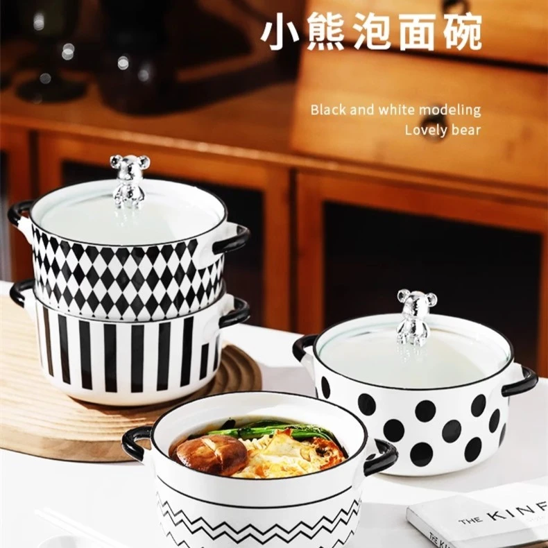 双耳可爱陶瓷带盖宿舍方便轻奢碗螺蛳粉碗汤碗餐具学生泡面碗吃面