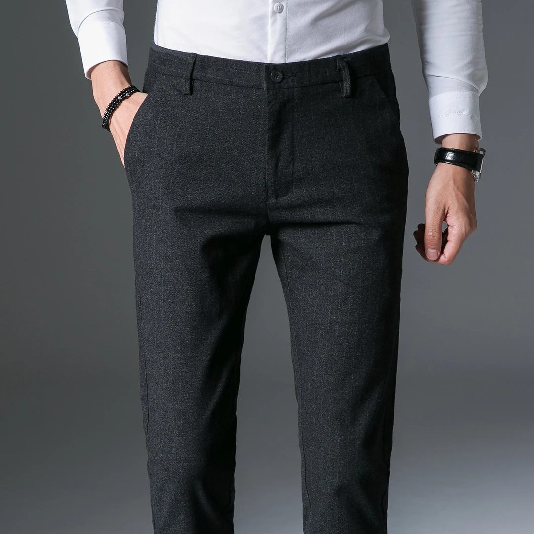 毛呢裤子男秋冬新品条纹西裤男士休闲裤修身商务直筒磨毛男裤冬季