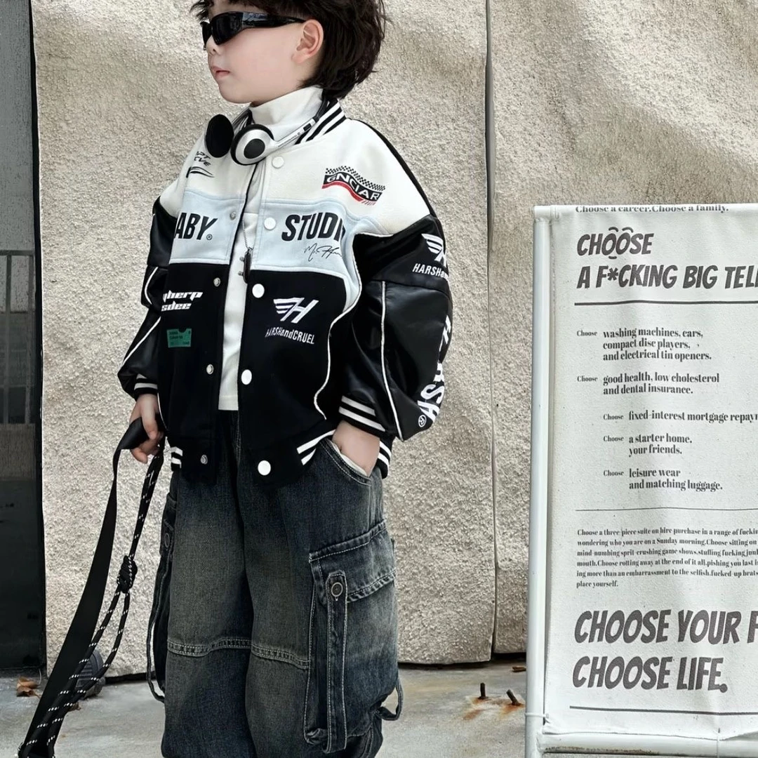 男童加厚外套秋季新品拼色棒球服男童外套2024新款宝宝加厚外套潮