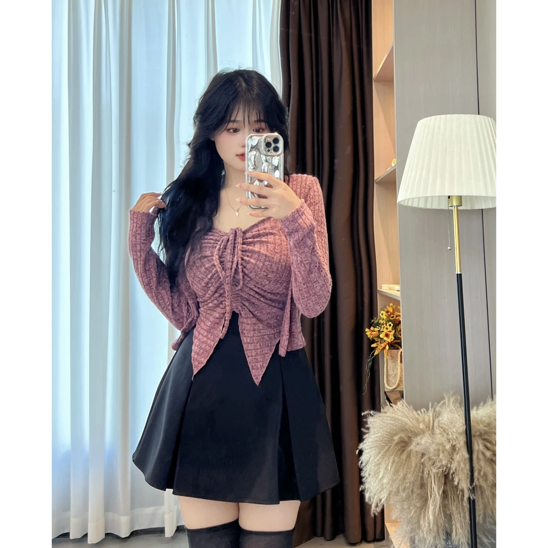 大码微胖新款收腰修身显瘦小众设计抽绳打底衫半身裙辣妹两件套装