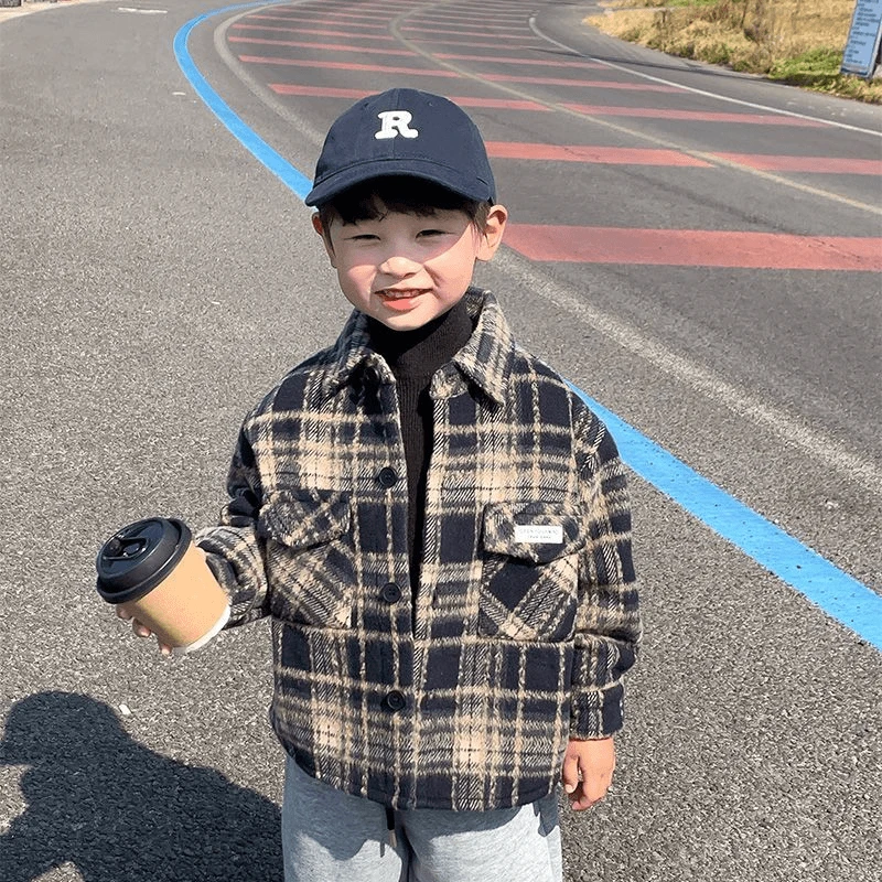 2025儿童加绒外套秋冬新款一体绒绿格子翻毛夹克男童女童韩版