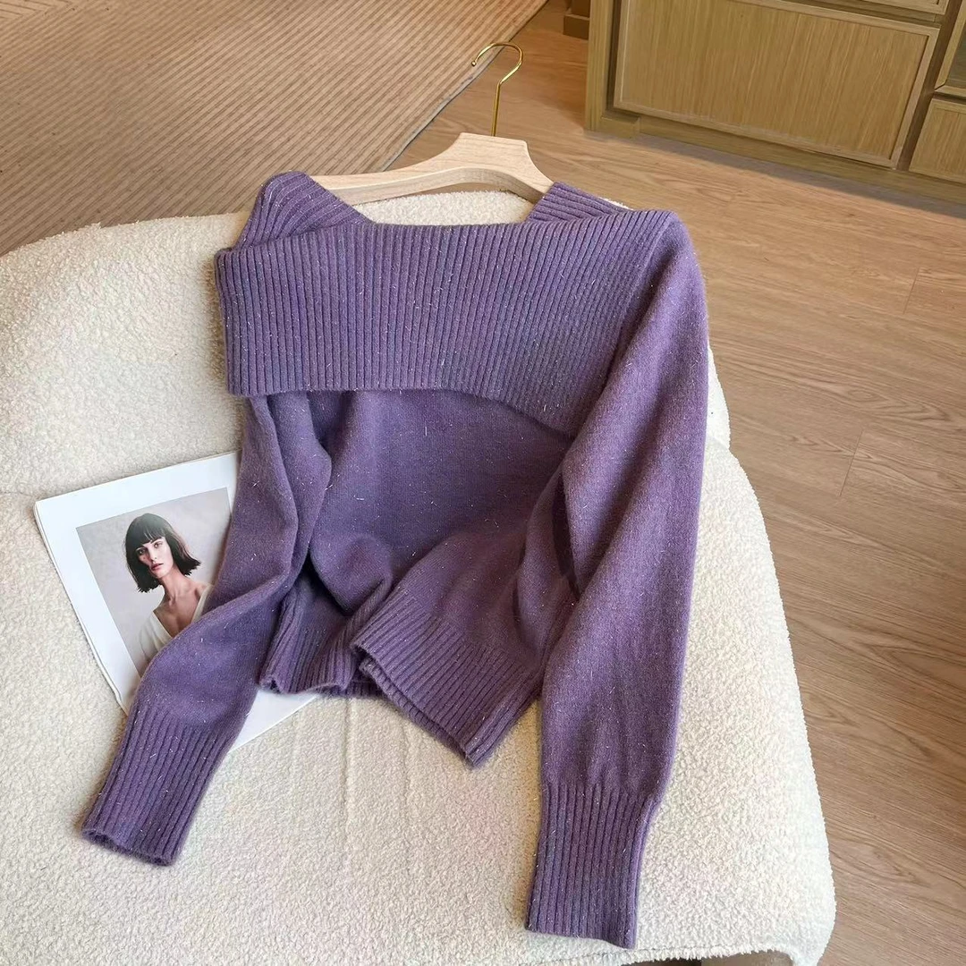 Barbie 辣酱 清~ 1675一字领漏肩纯色高级韩系百搭时尚毛衣秋冬
