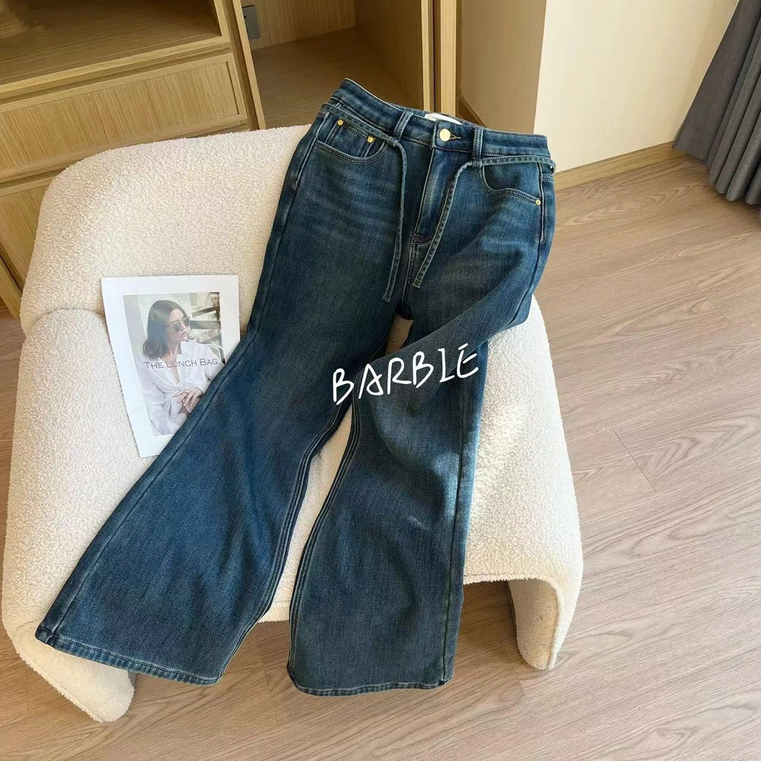 Barbie 辣酱【直筒微喇裤】7605 冬季加绒高腰水洗牛仔裤显瘦