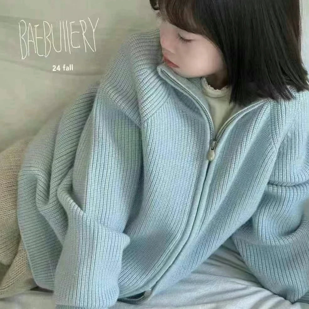 立领拉链针织开衫女慵懒风宽松毛衣外套