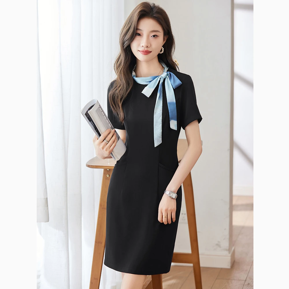 黑色显瘦职业工作夏季女装连衣裙美容院前台修身高端气质工装套裙