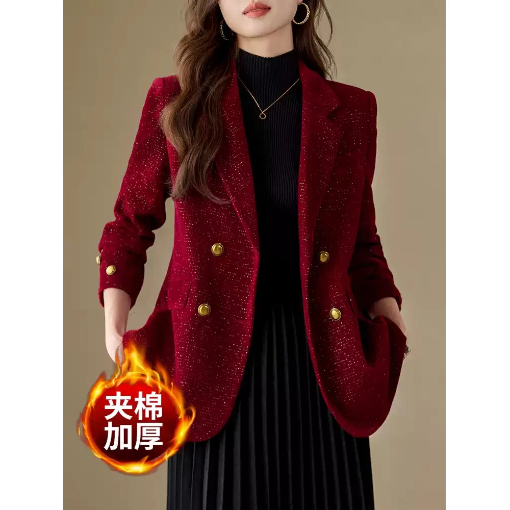 红色小香风西装外套女秋冬2025新款高级感小个子休闲西服冬季加厚