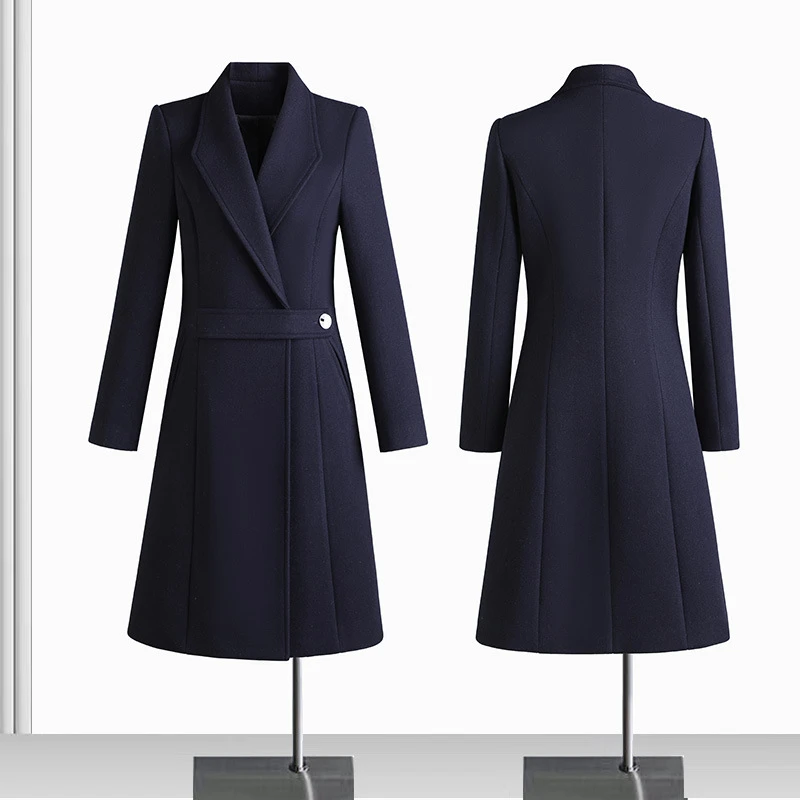 藏青色职业毛呢外套女中长款冬季加厚夹棉呢子大衣酒店前台工作服