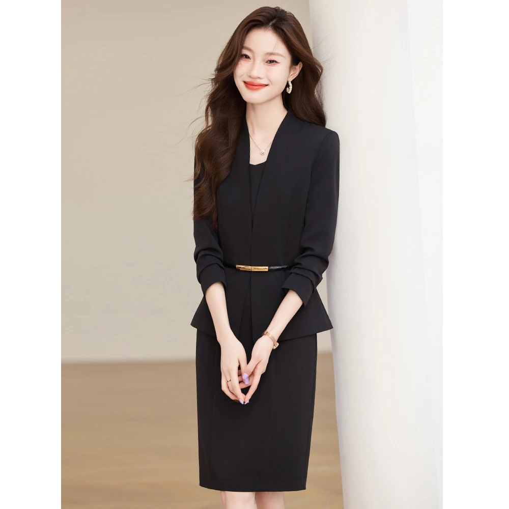 黑色西装套装裙女高级感春秋季正式场合职业连衣裙面试正装工作服